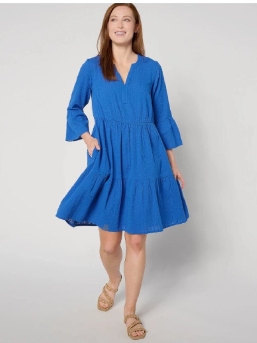 Destination 365 Regular Seersucker Knee-Length Dress-Blue-Small-NEW-A633133